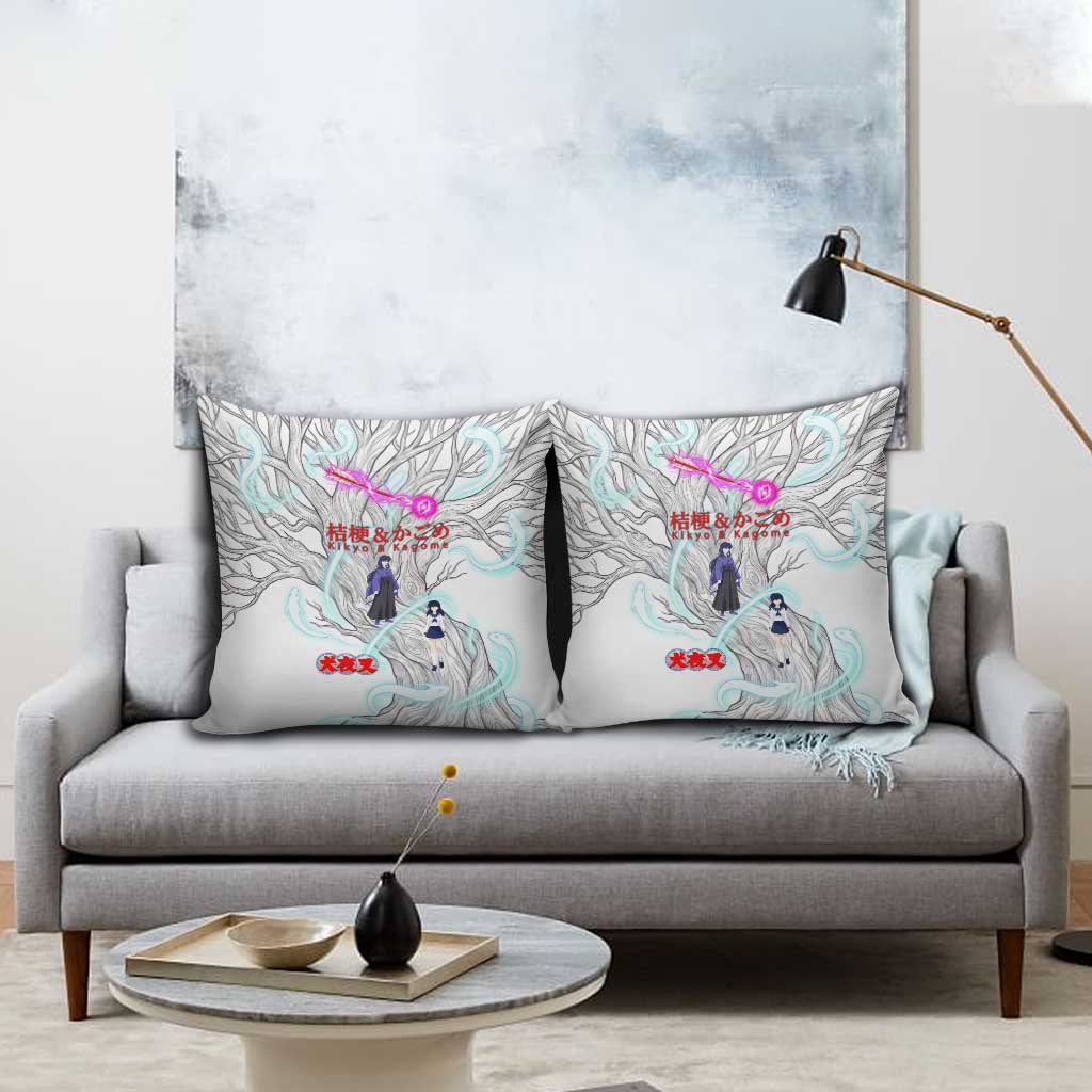Kikyo and Kagome Inuyasha Series Pillow Cover Spiritual Anime Art Style with Sacred Tree and Torii Gate