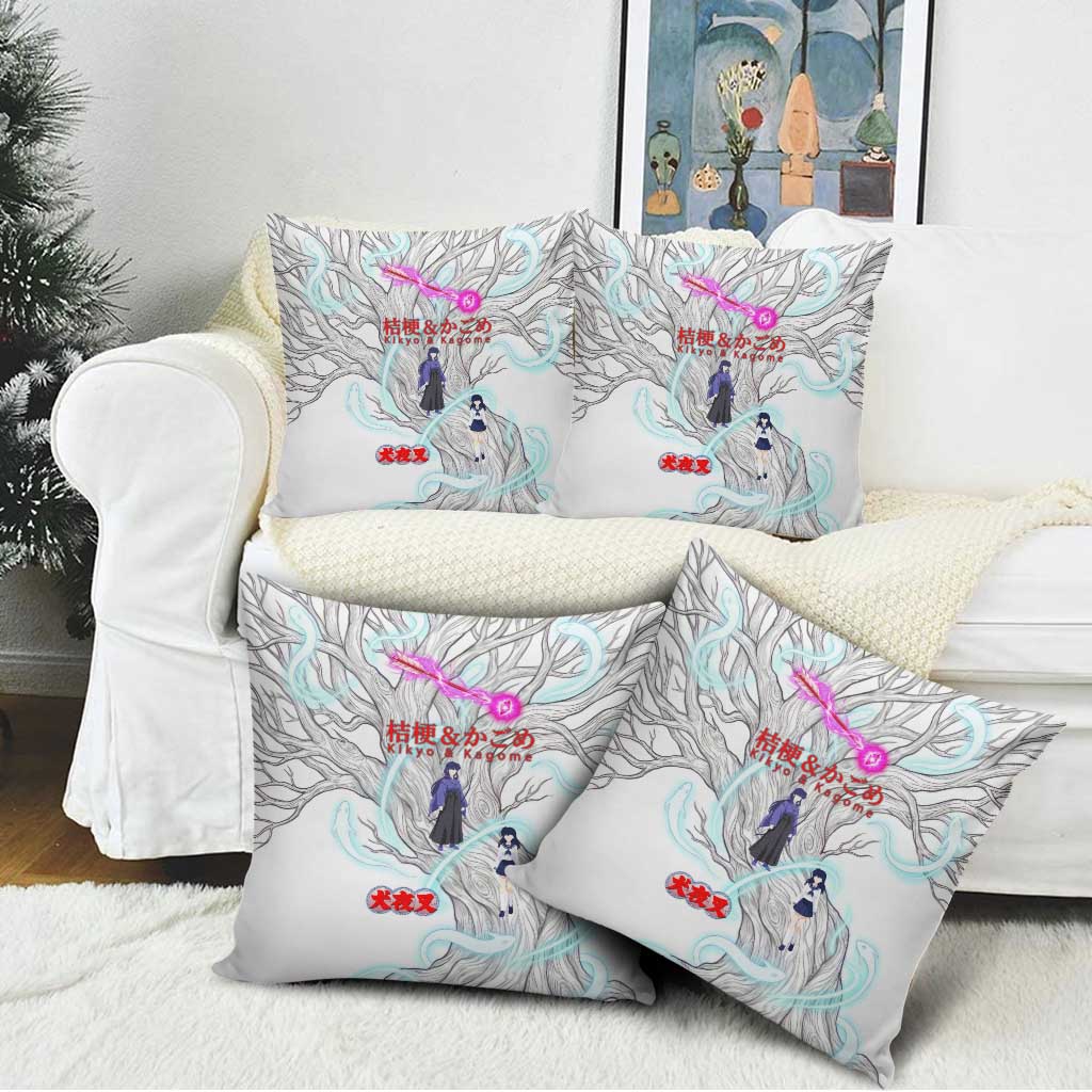Kikyo and Kagome Inuyasha Series Pillow Cover Spiritual Anime Art Style with Sacred Tree and Torii Gate
