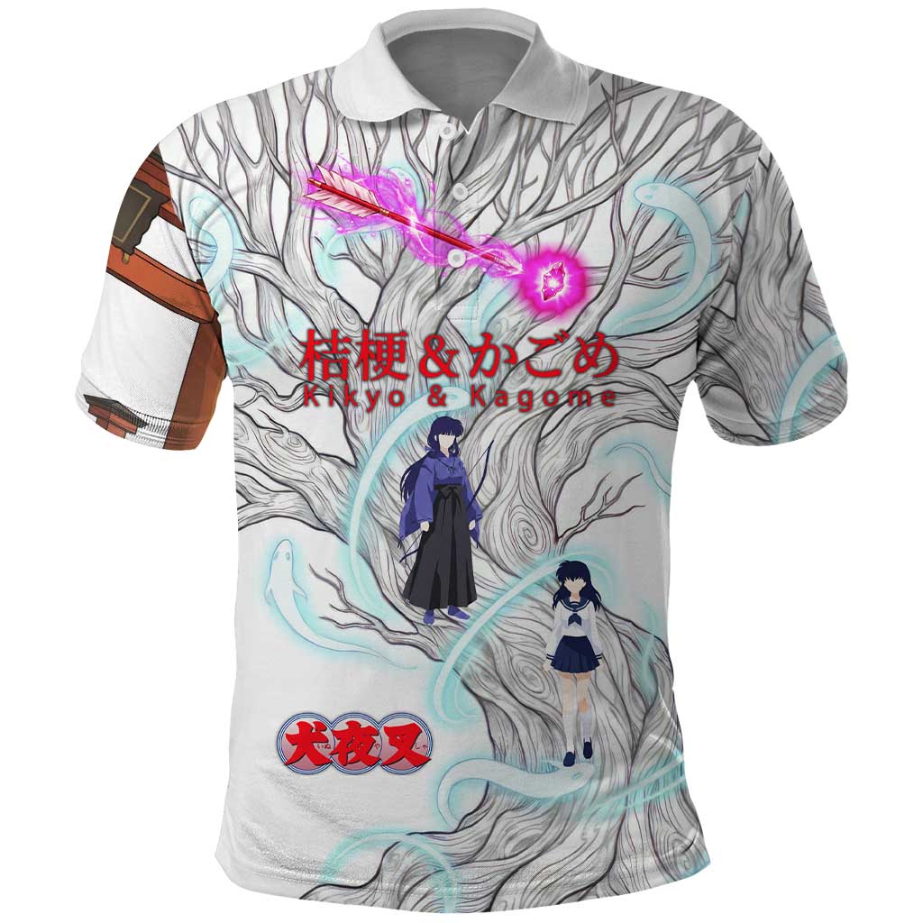 Kikyo and Kagome Inuyasha Series Polo Shirt Spiritual Anime Art Style with Sacred Tree and Torii Gate