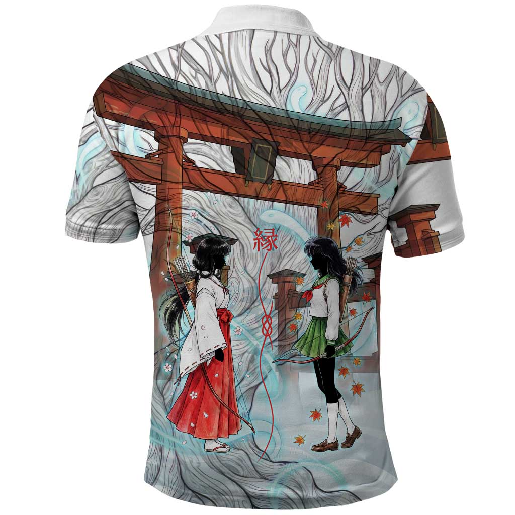 Kikyo and Kagome Inuyasha Series Polo Shirt Spiritual Anime Art Style with Sacred Tree and Torii Gate