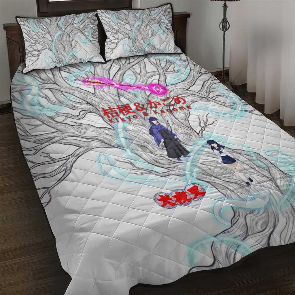 Kikyo and Kagome Inuyasha Series Quilt Bed Set Spiritual Anime Art Style with Sacred Tree and Torii Gate