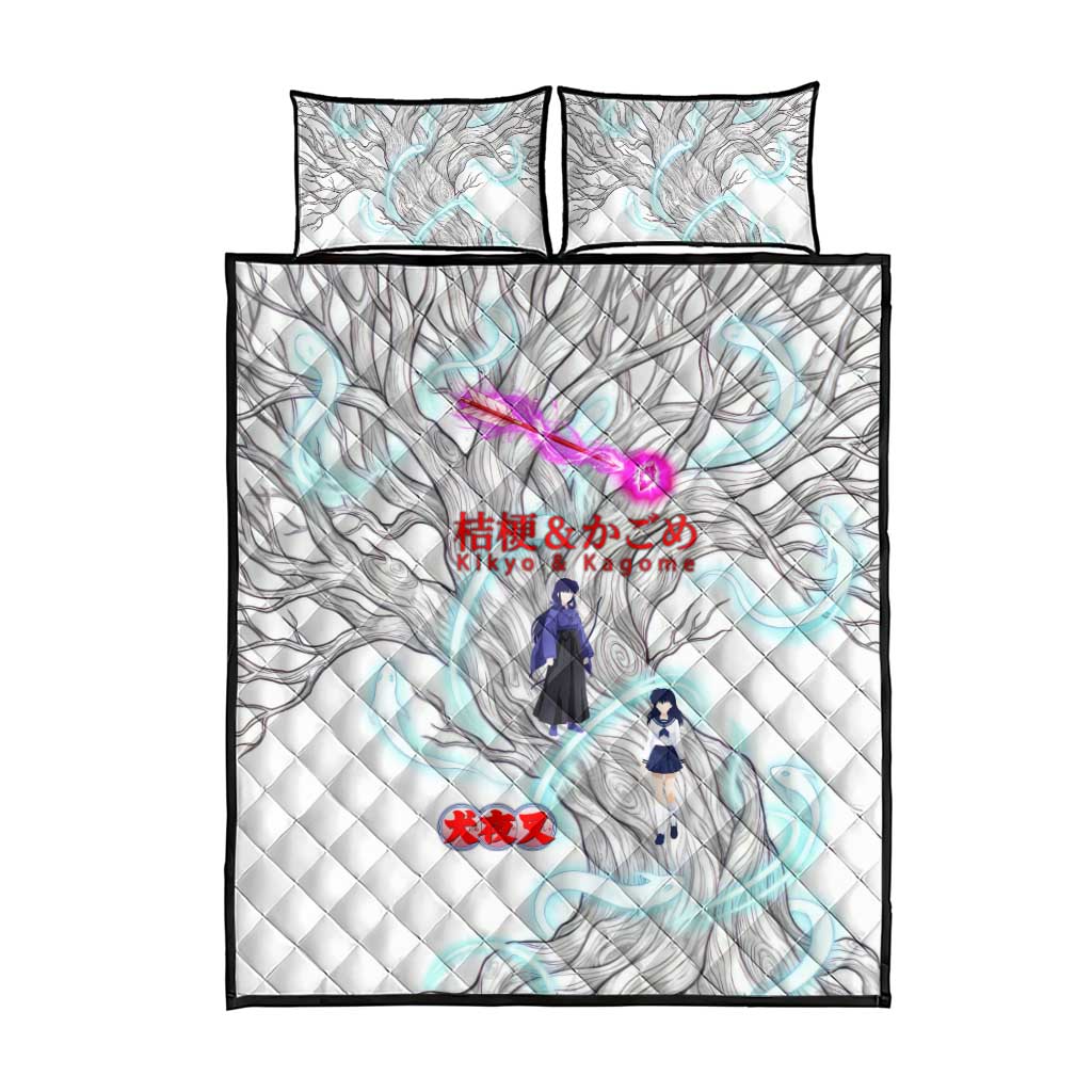 Kikyo and Kagome Inuyasha Series Quilt Bed Set Spiritual Anime Art Style with Sacred Tree and Torii Gate