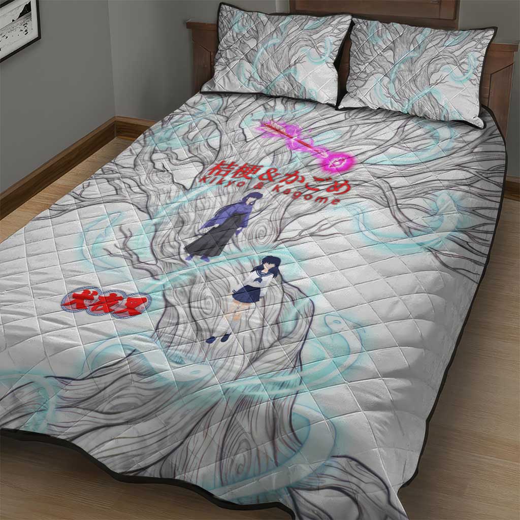 Kikyo and Kagome Inuyasha Series Quilt Bed Set Spiritual Anime Art Style with Sacred Tree and Torii Gate