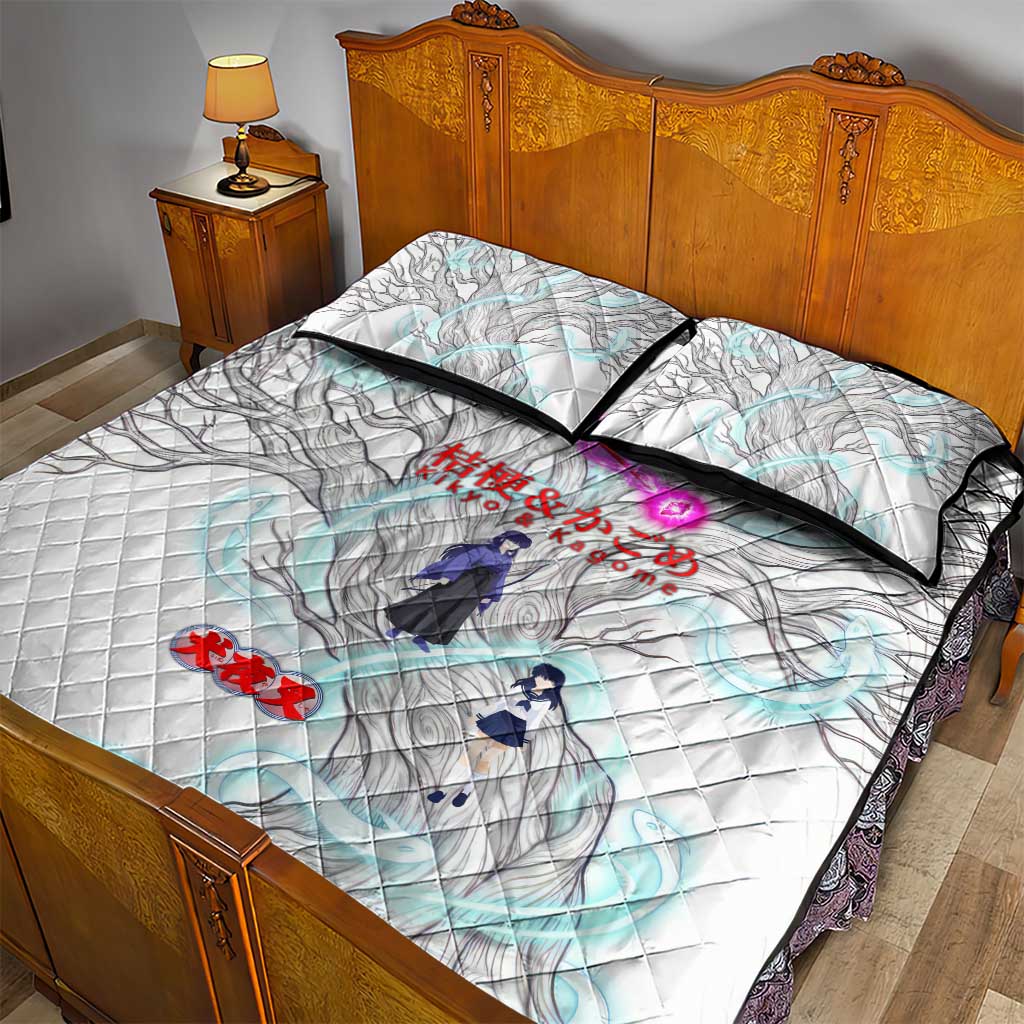 Kikyo and Kagome Inuyasha Series Quilt Bed Set Spiritual Anime Art Style with Sacred Tree and Torii Gate