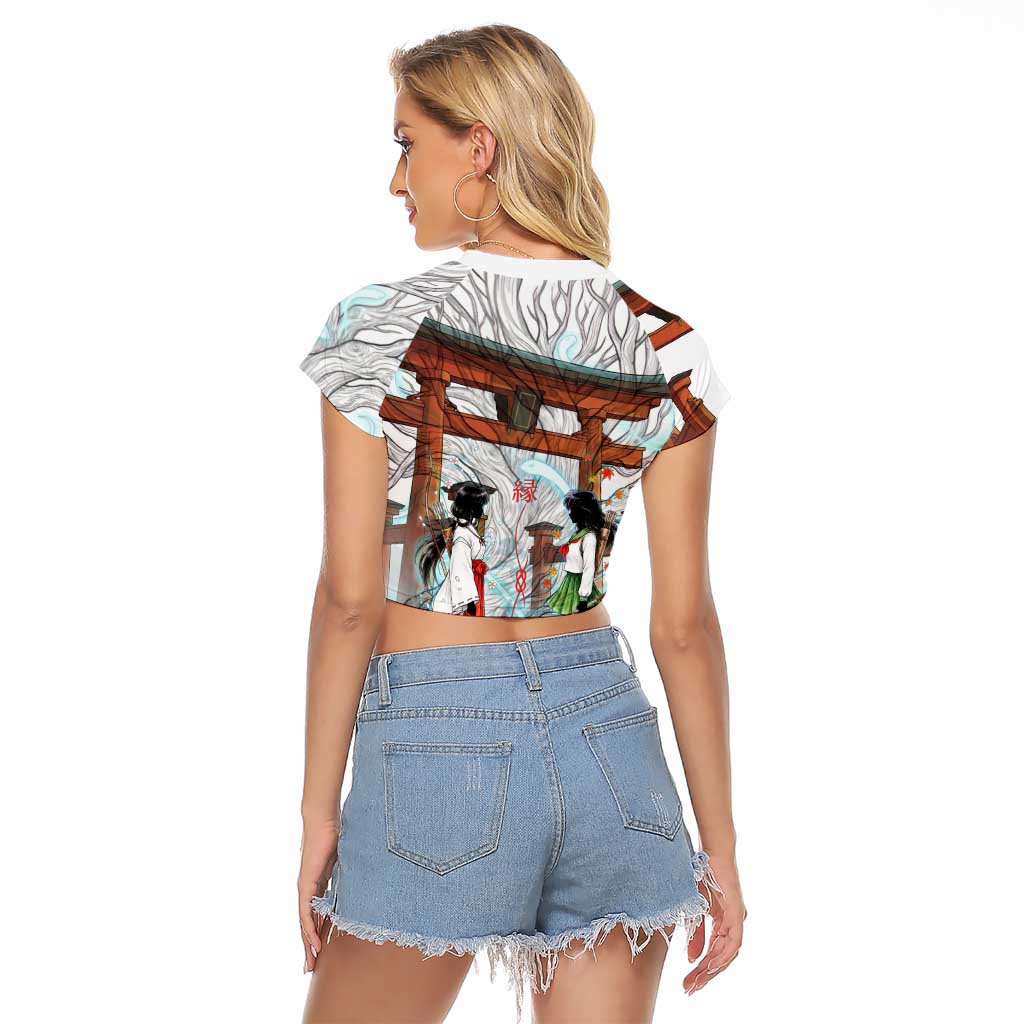 Kikyo and Kagome Inuyasha Series Raglan Cropped T Shirt Spiritual Anime Art Style with Sacred Tree and Torii Gate