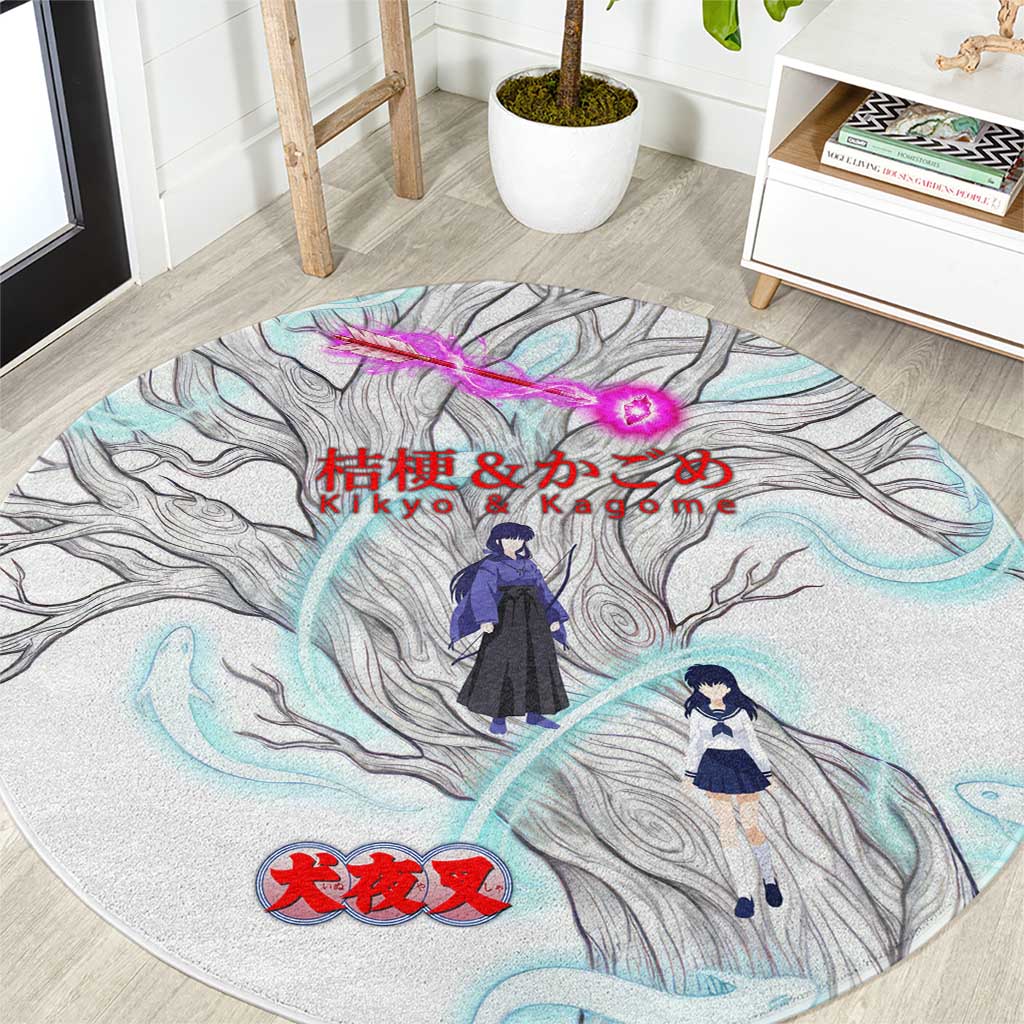 Kikyo and Kagome Inuyasha Series Round Carpet Spiritual Anime Art Style with Sacred Tree and Torii Gate