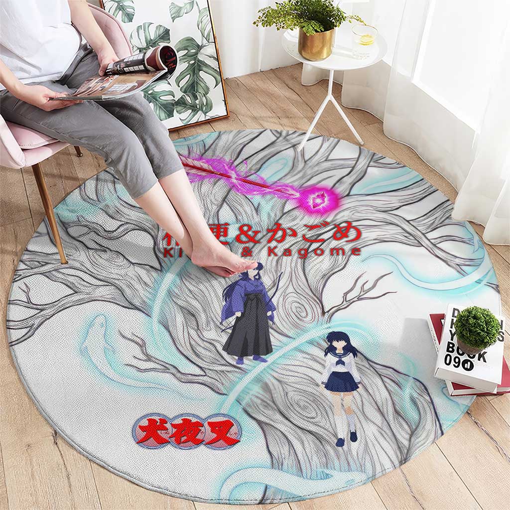 Kikyo and Kagome Inuyasha Series Round Carpet Spiritual Anime Art Style with Sacred Tree and Torii Gate