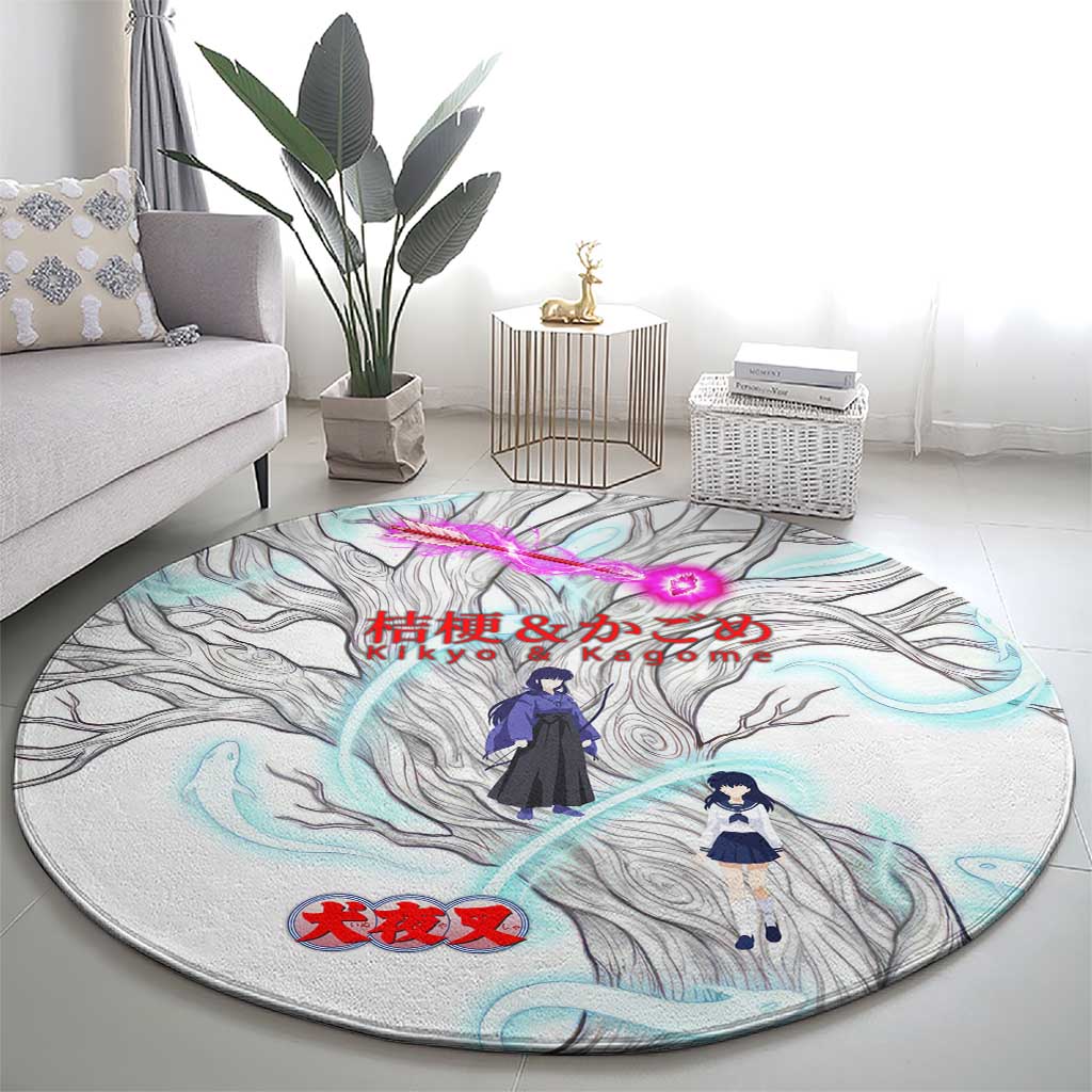 Kikyo and Kagome Inuyasha Series Round Carpet Spiritual Anime Art Style with Sacred Tree and Torii Gate
