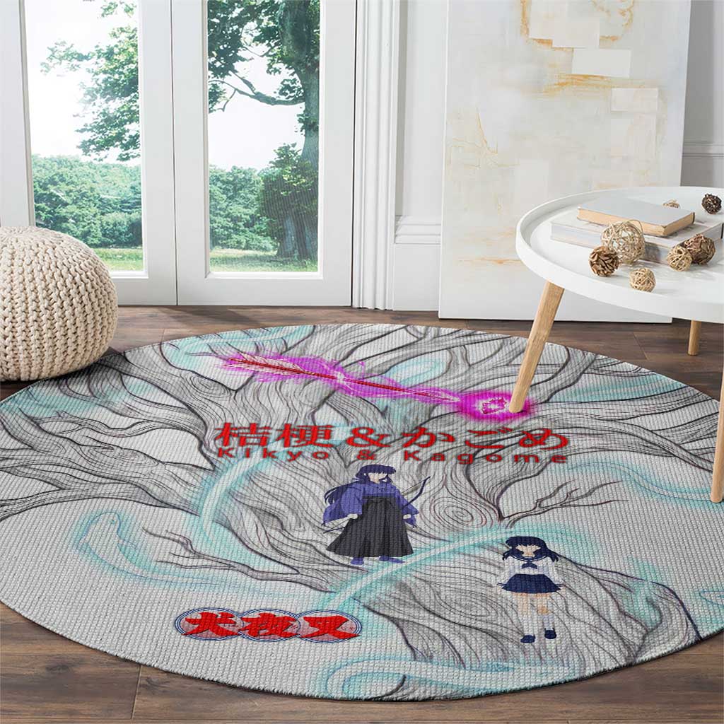 Kikyo and Kagome Inuyasha Series Round Carpet Spiritual Anime Art Style with Sacred Tree and Torii Gate