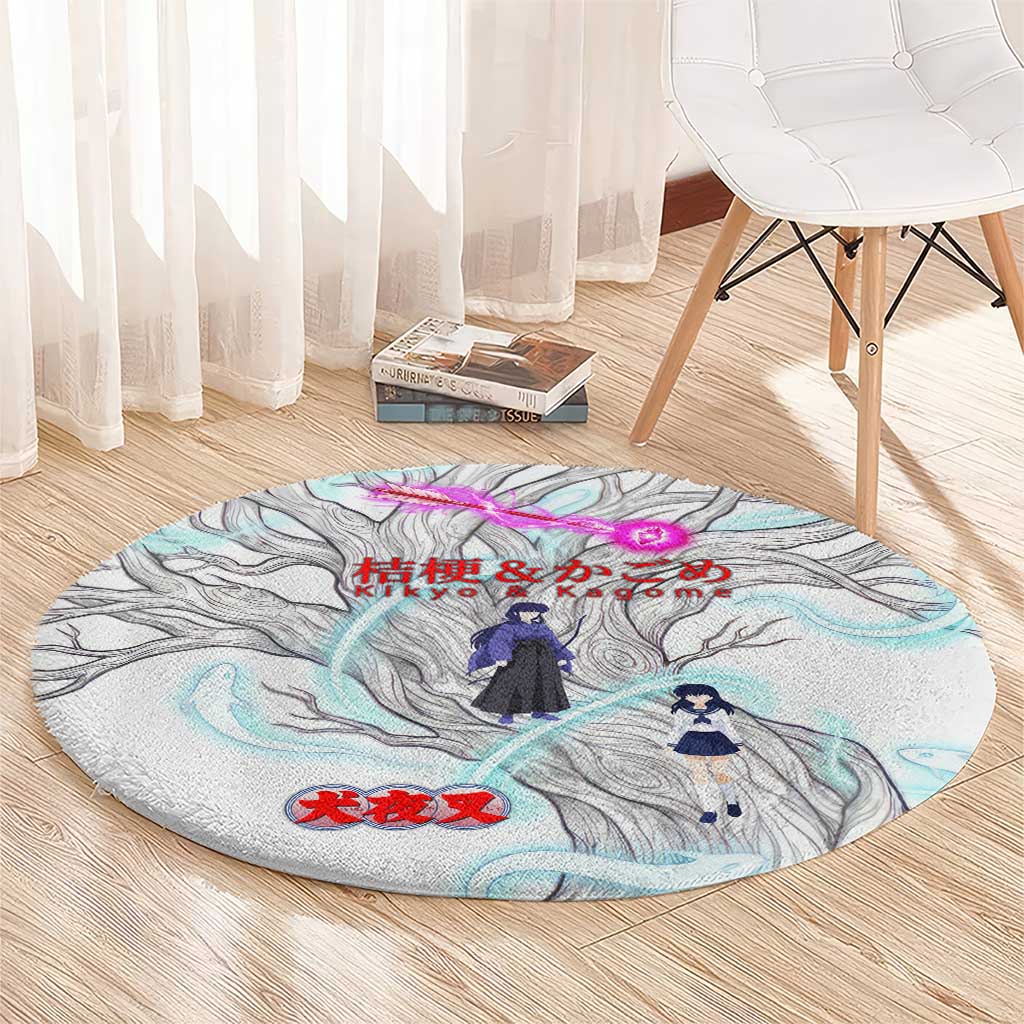 Kikyo and Kagome Inuyasha Series Round Carpet Spiritual Anime Art Style with Sacred Tree and Torii Gate