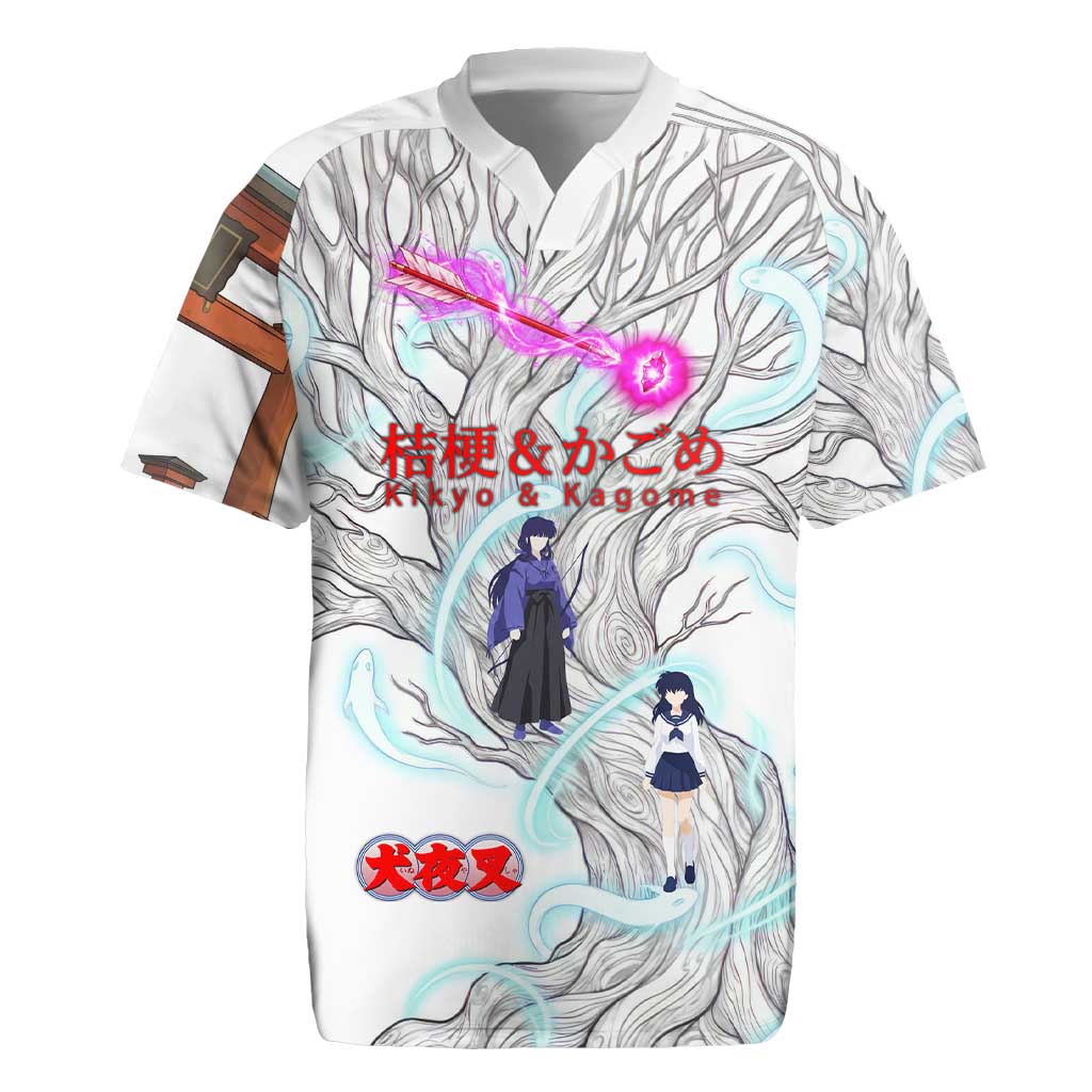 Kikyo and Kagome Inuyasha Series Rugby Jersey Spiritual Anime Art Style with Sacred Tree and Torii Gate