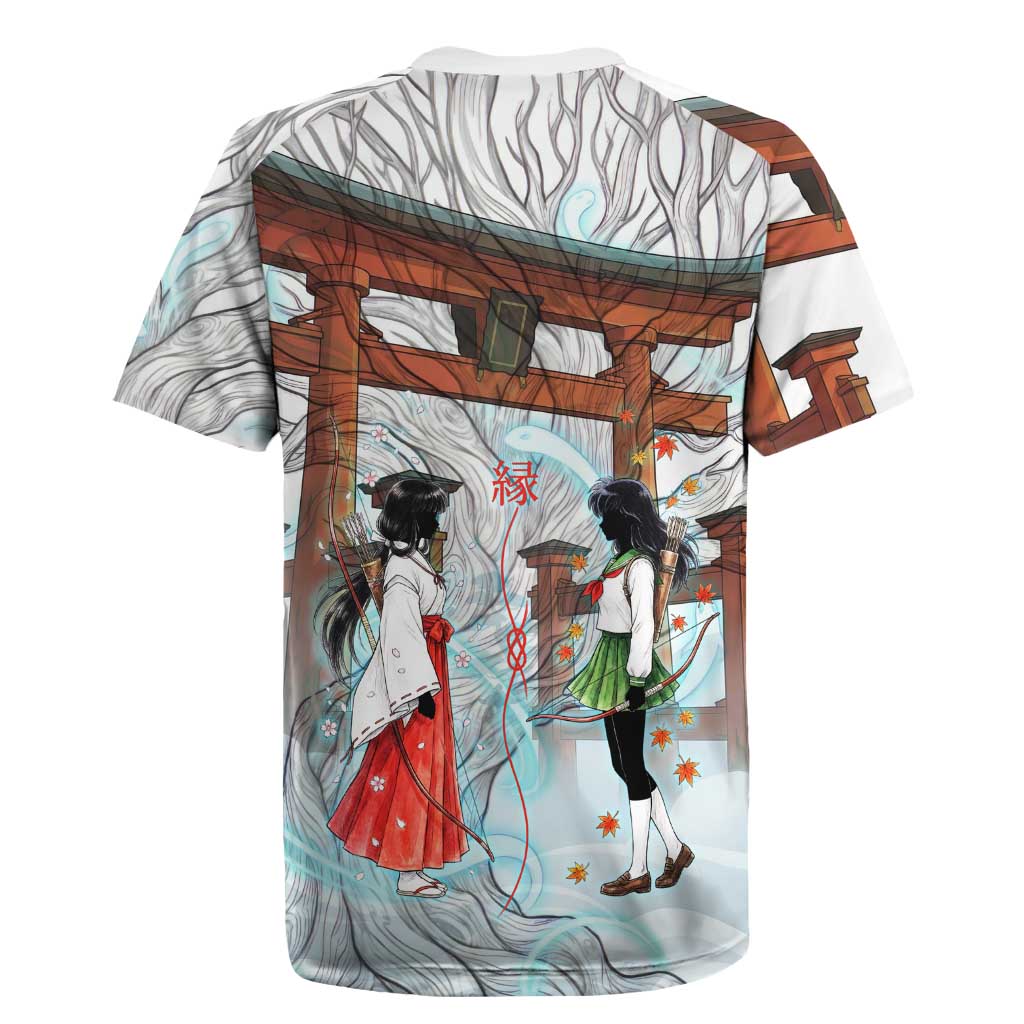 Kikyo and Kagome Inuyasha Series Rugby Jersey Spiritual Anime Art Style with Sacred Tree and Torii Gate
