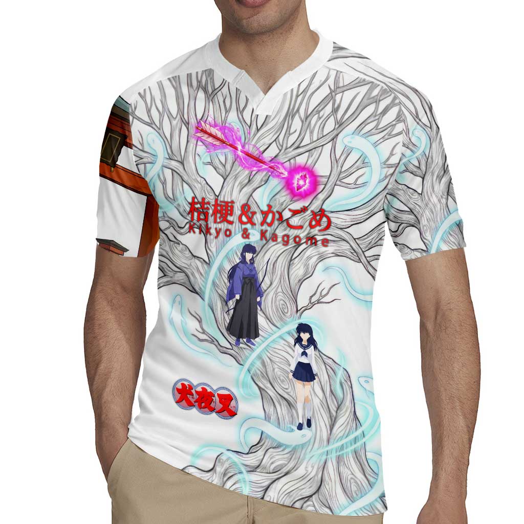 Kikyo and Kagome Inuyasha Series Rugby Jersey Spiritual Anime Art Style with Sacred Tree and Torii Gate