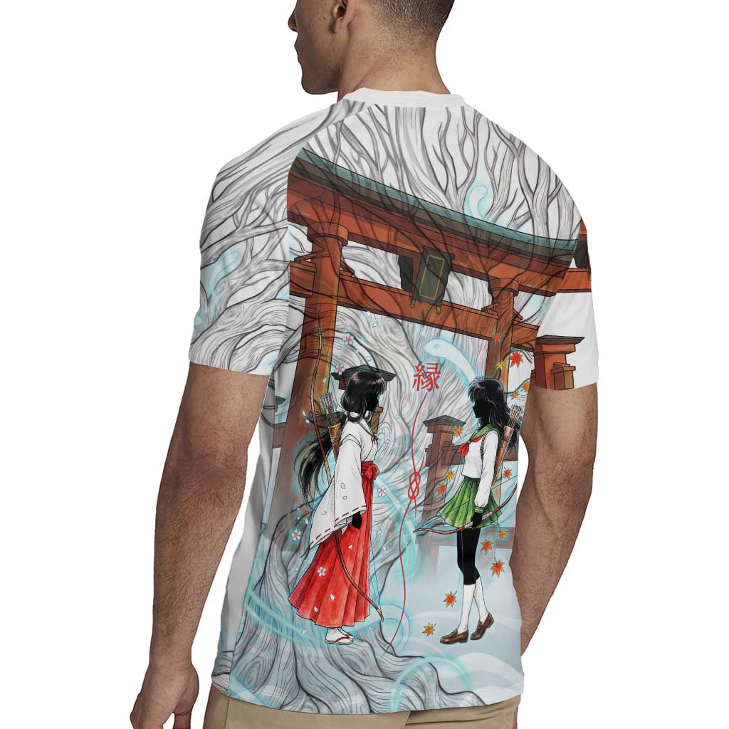 Kikyo and Kagome Inuyasha Series Rugby Jersey Spiritual Anime Art Style with Sacred Tree and Torii Gate