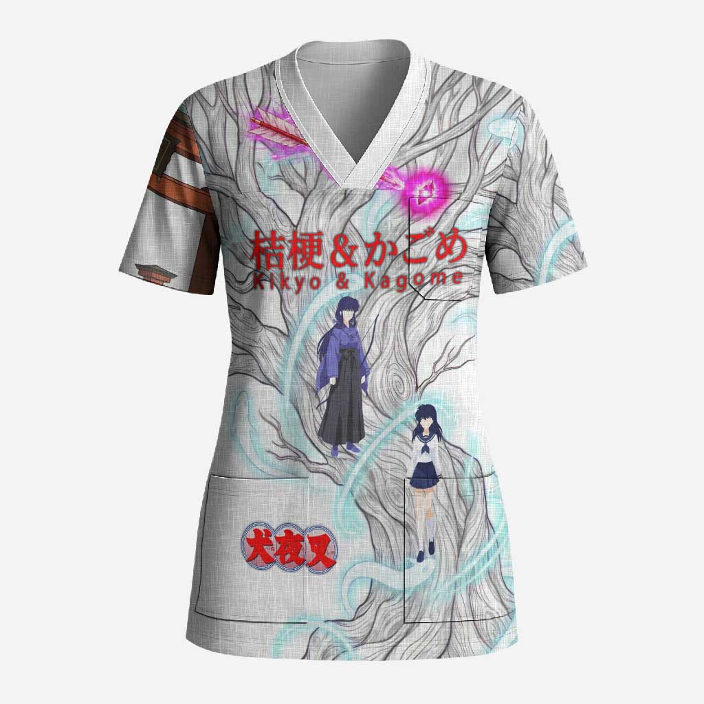 Kikyo and Kagome Inuyasha Series Scrub Top Spiritual Anime Art Style with Sacred Tree and Torii Gate