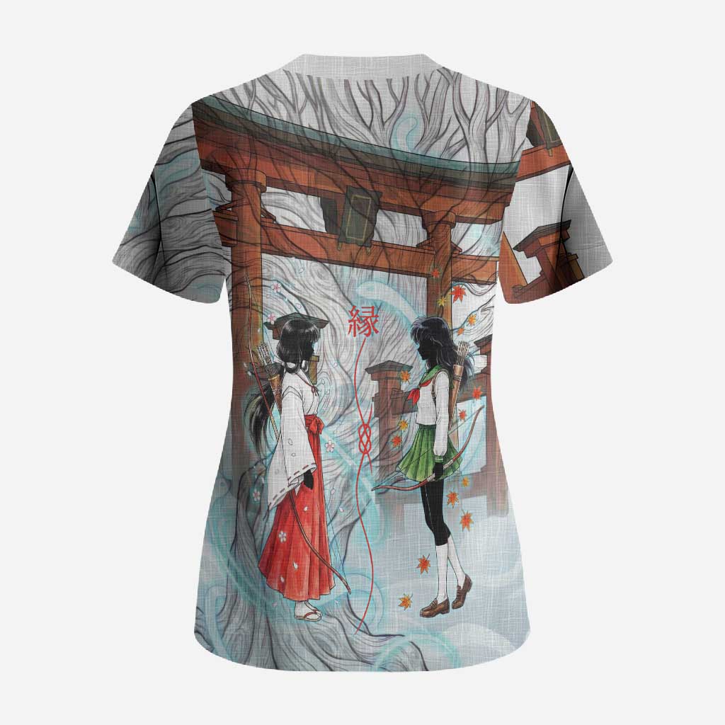Kikyo and Kagome Inuyasha Series Scrub Top Spiritual Anime Art Style with Sacred Tree and Torii Gate