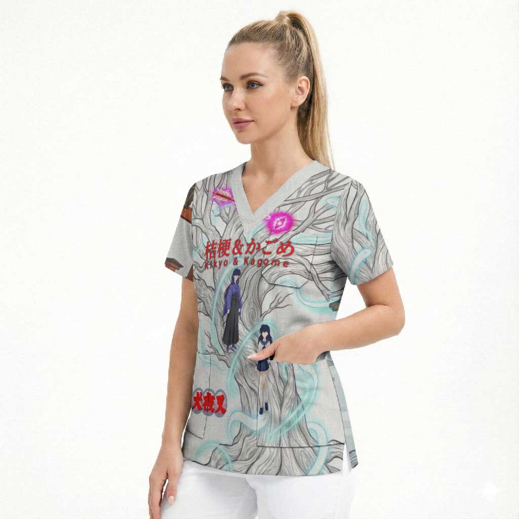 Kikyo and Kagome Inuyasha Series Scrub Top Spiritual Anime Art Style with Sacred Tree and Torii Gate