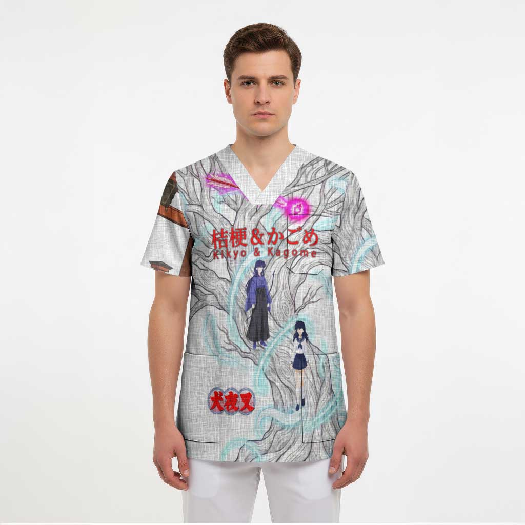 Kikyo and Kagome Inuyasha Series Scrub Top Spiritual Anime Art Style with Sacred Tree and Torii Gate