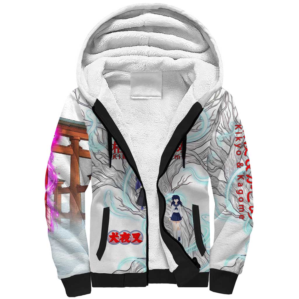 Kikyo and Kagome Inuyasha Series Sherpa Hoodie Spiritual Anime Art Style with Sacred Tree and Torii Gate