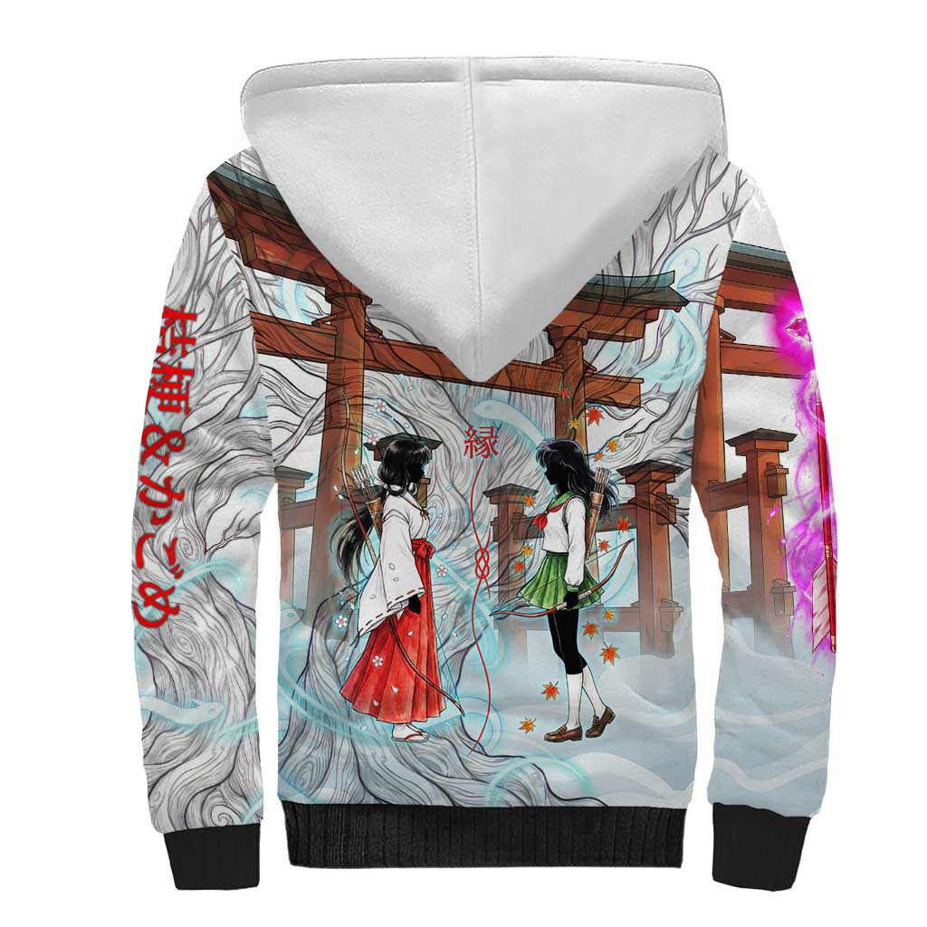 Kikyo and Kagome Inuyasha Series Sherpa Hoodie Spiritual Anime Art Style with Sacred Tree and Torii Gate