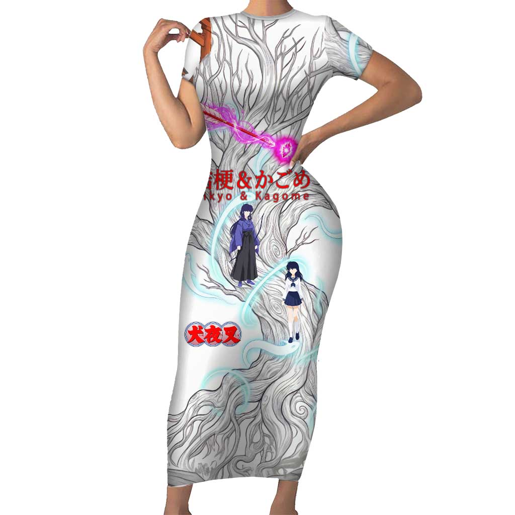 Kikyo and Kagome Inuyasha Series Short Sleeve Bodycon Dress Spiritual Anime Art Style with Sacred Tree and Torii Gate