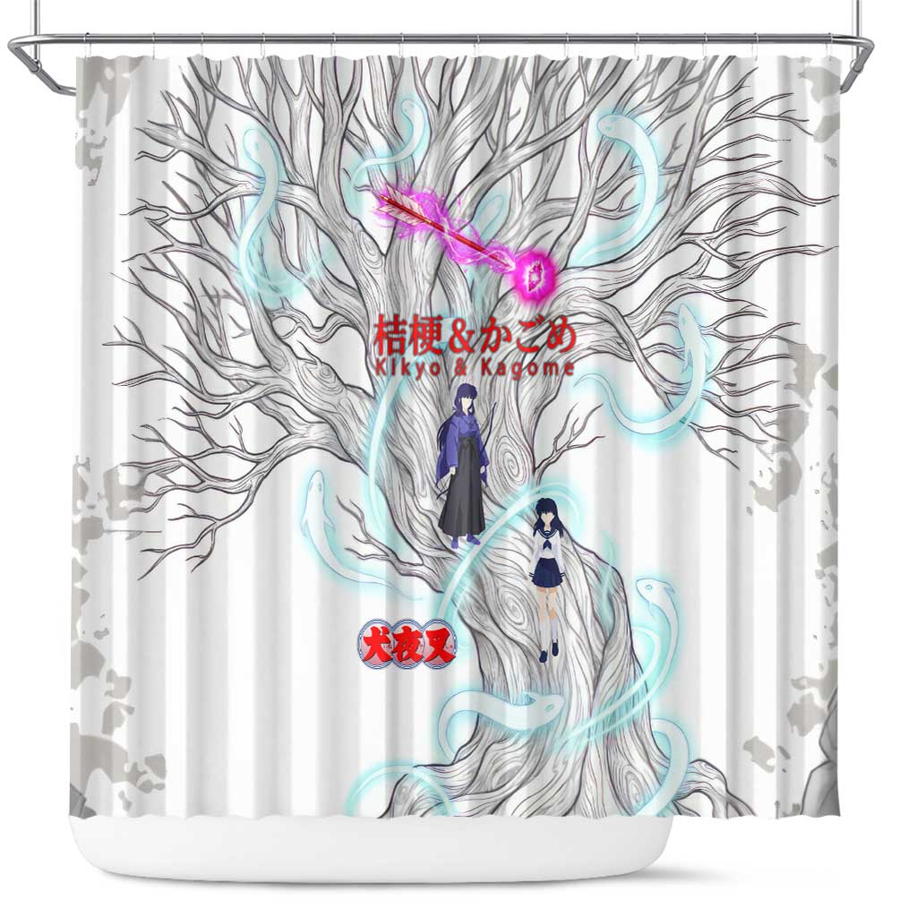 Kikyo and Kagome Inuyasha Series Shower Curtain Spiritual Anime Art Style with Sacred Tree and Torii Gate