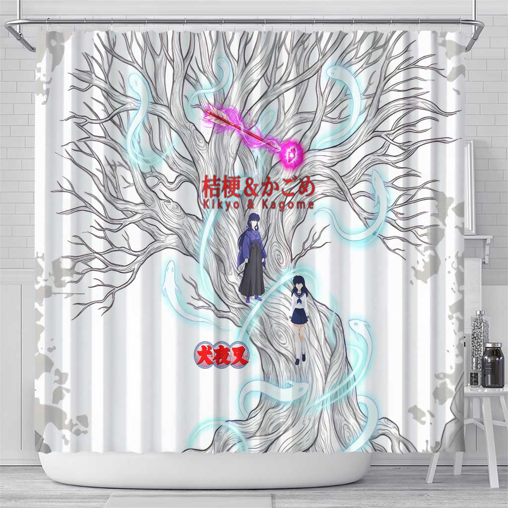 Kikyo and Kagome Inuyasha Series Shower Curtain Spiritual Anime Art Style with Sacred Tree and Torii Gate