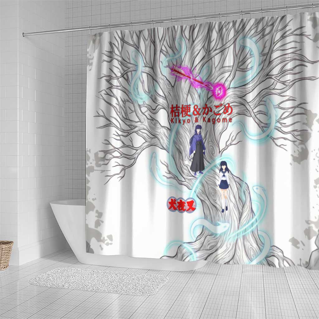 Kikyo and Kagome Inuyasha Series Shower Curtain Spiritual Anime Art Style with Sacred Tree and Torii Gate