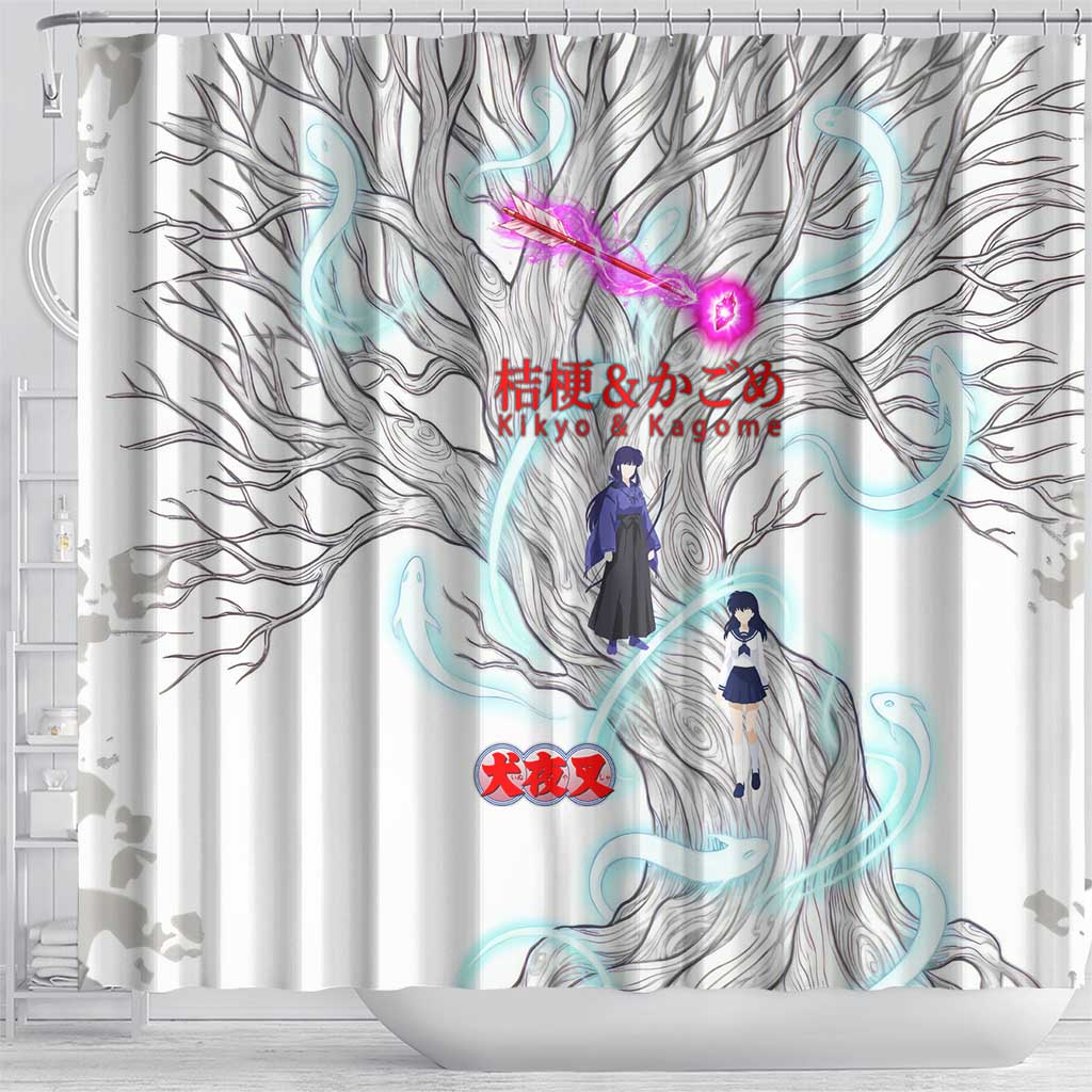 Kikyo and Kagome Inuyasha Series Shower Curtain Spiritual Anime Art Style with Sacred Tree and Torii Gate