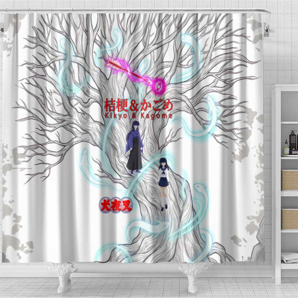 Kikyo and Kagome Inuyasha Series Shower Curtain Spiritual Anime Art Style with Sacred Tree and Torii Gate