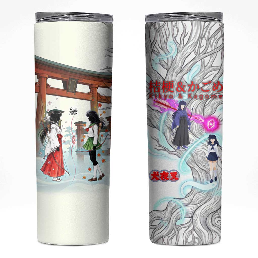 Kikyo and Kagome Inuyasha Series Skinny Tumbler Spiritual Anime Art Style with Sacred Tree and Torii Gate