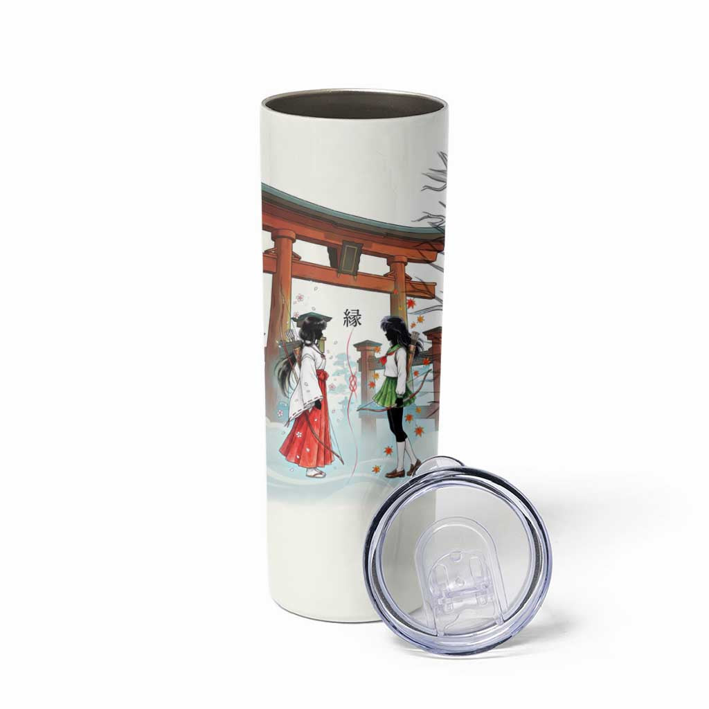 Kikyo and Kagome Inuyasha Series Skinny Tumbler Spiritual Anime Art Style with Sacred Tree and Torii Gate