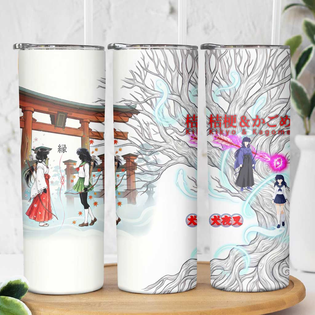 Kikyo and Kagome Inuyasha Series Skinny Tumbler Spiritual Anime Art Style with Sacred Tree and Torii Gate