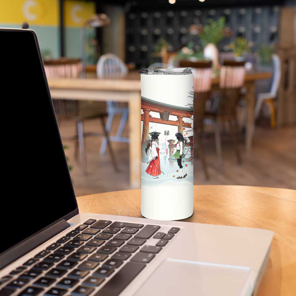 Kikyo and Kagome Inuyasha Series Skinny Tumbler Spiritual Anime Art Style with Sacred Tree and Torii Gate