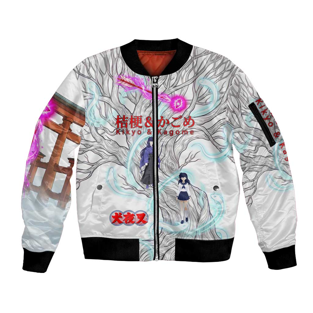 Kikyo and Kagome Inuyasha Series Sleeve Zip Bomber Jacket Spiritual Anime Art Style with Sacred Tree and Torii Gate