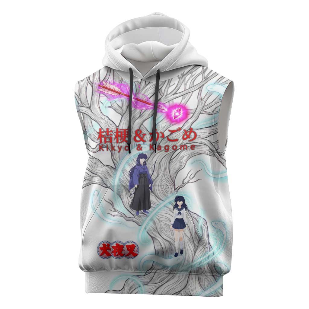 Kikyo and Kagome Inuyasha Series Sleeveless Hoodie Spiritual Anime Art Style with Sacred Tree and Torii Gate