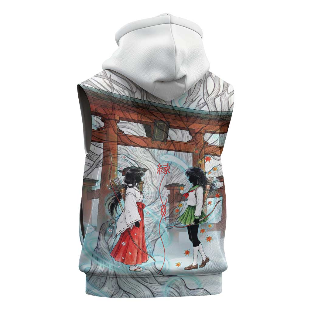Kikyo and Kagome Inuyasha Series Sleeveless Hoodie Spiritual Anime Art Style with Sacred Tree and Torii Gate