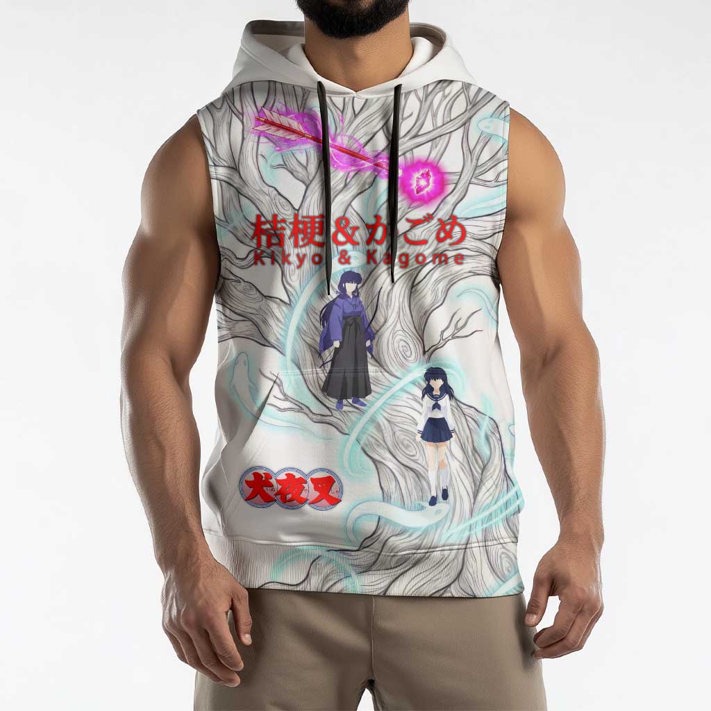 Kikyo and Kagome Inuyasha Series Sleeveless Hoodie Spiritual Anime Art Style with Sacred Tree and Torii Gate