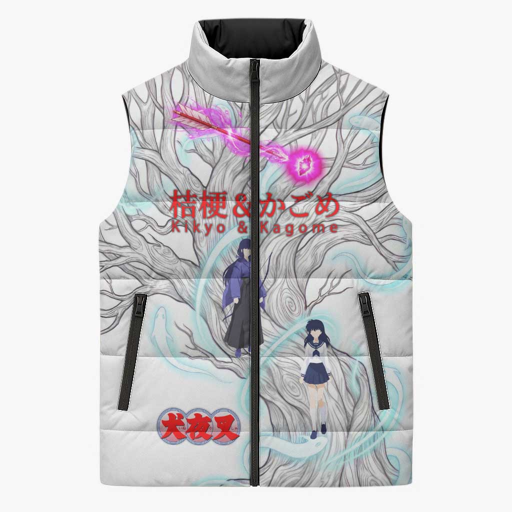 Kikyo and Kagome Inuyasha Series Sleeveless Puffer Jacket Spiritual Anime Art Style with Sacred Tree and Torii Gate