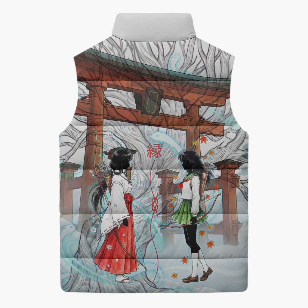 Kikyo and Kagome Inuyasha Series Sleeveless Puffer Jacket Spiritual Anime Art Style with Sacred Tree and Torii Gate