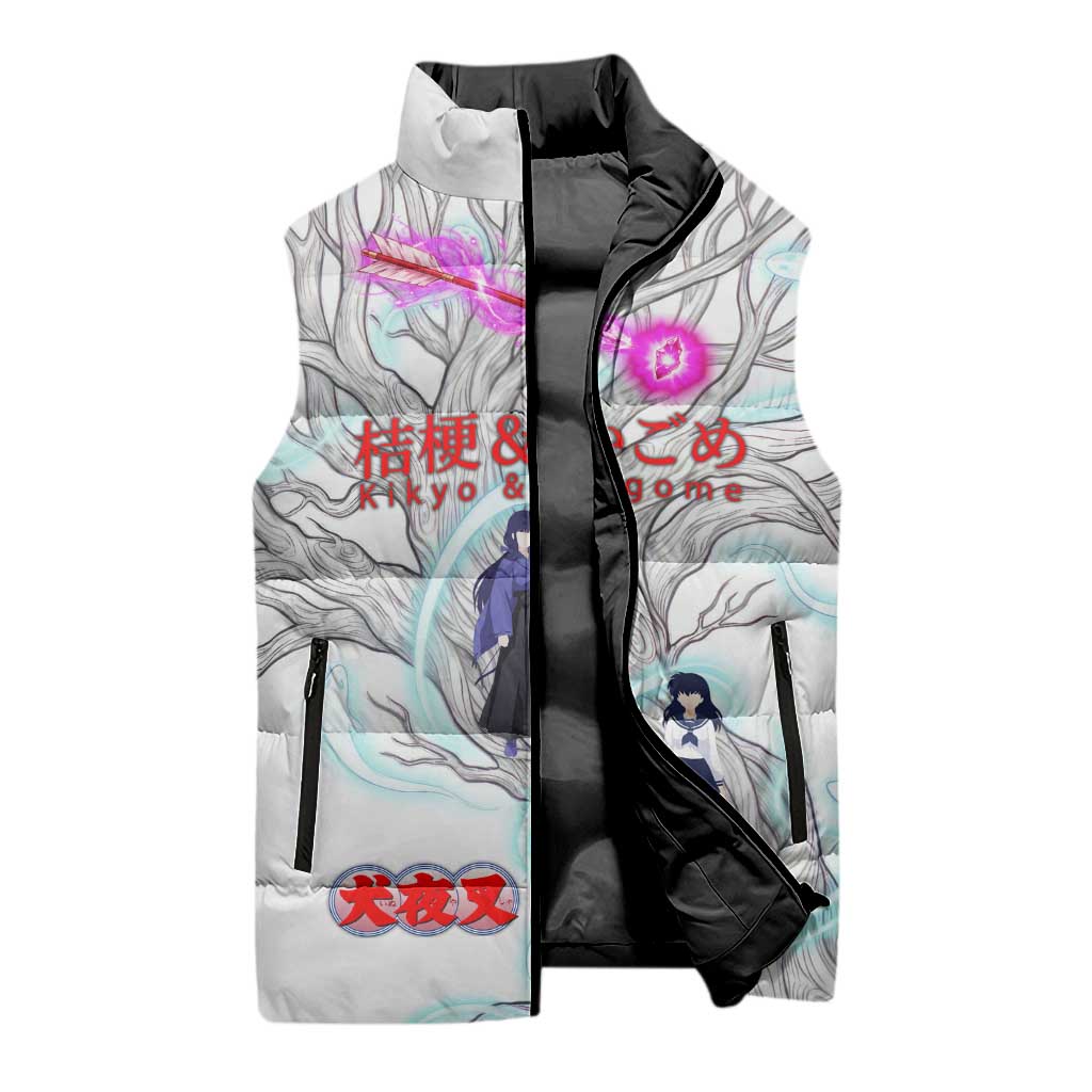 Kikyo and Kagome Inuyasha Series Sleeveless Puffer Jacket Spiritual Anime Art Style with Sacred Tree and Torii Gate