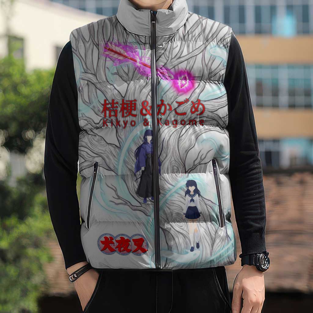 Kikyo and Kagome Inuyasha Series Sleeveless Puffer Jacket Spiritual Anime Art Style with Sacred Tree and Torii Gate