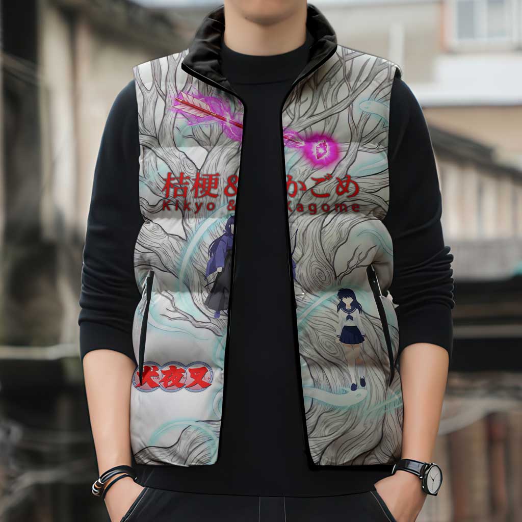 Kikyo and Kagome Inuyasha Series Sleeveless Puffer Jacket Spiritual Anime Art Style with Sacred Tree and Torii Gate