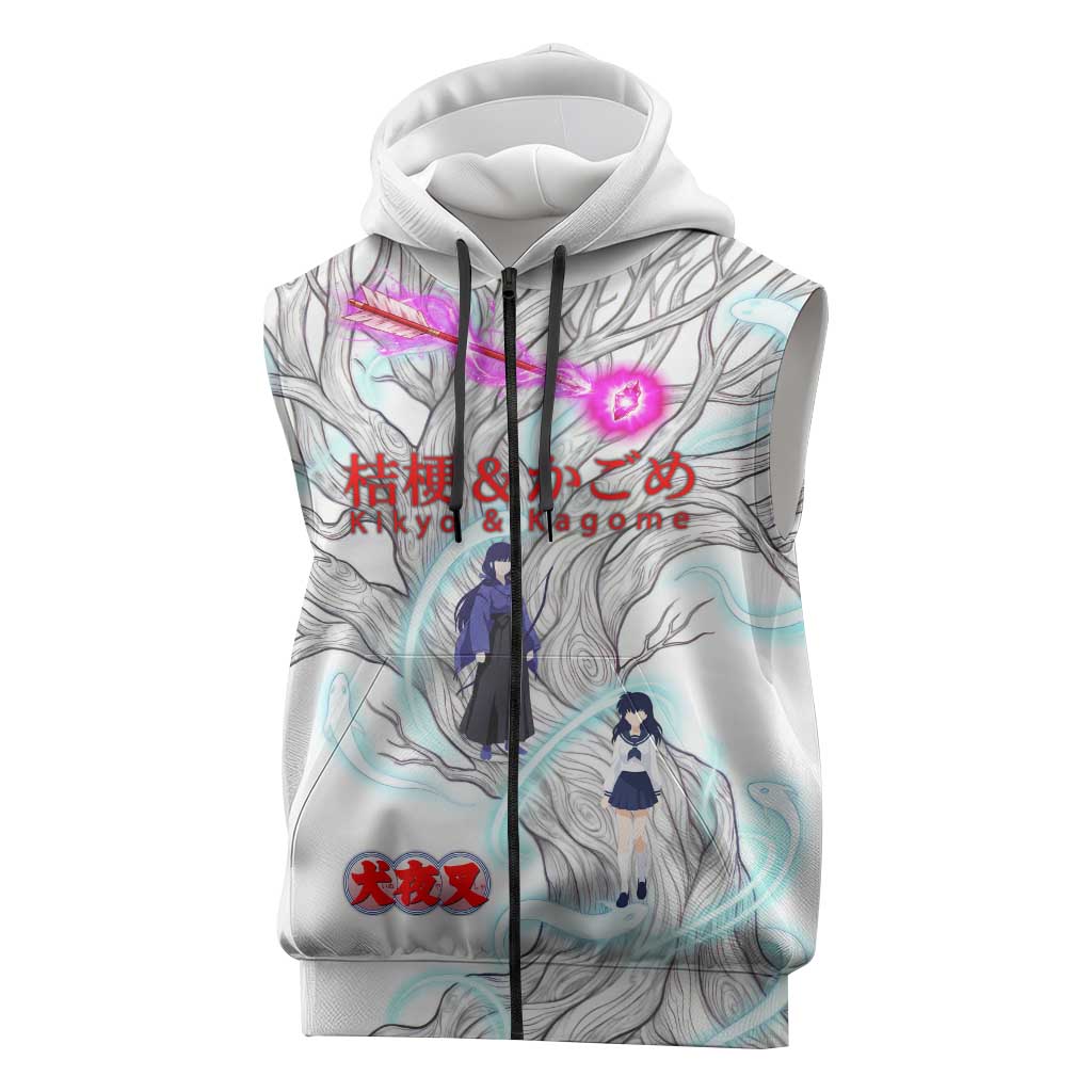 Kikyo and Kagome Inuyasha Series Sleeveless Zip Hoodie Spiritual Anime Art Style with Sacred Tree and Torii Gate