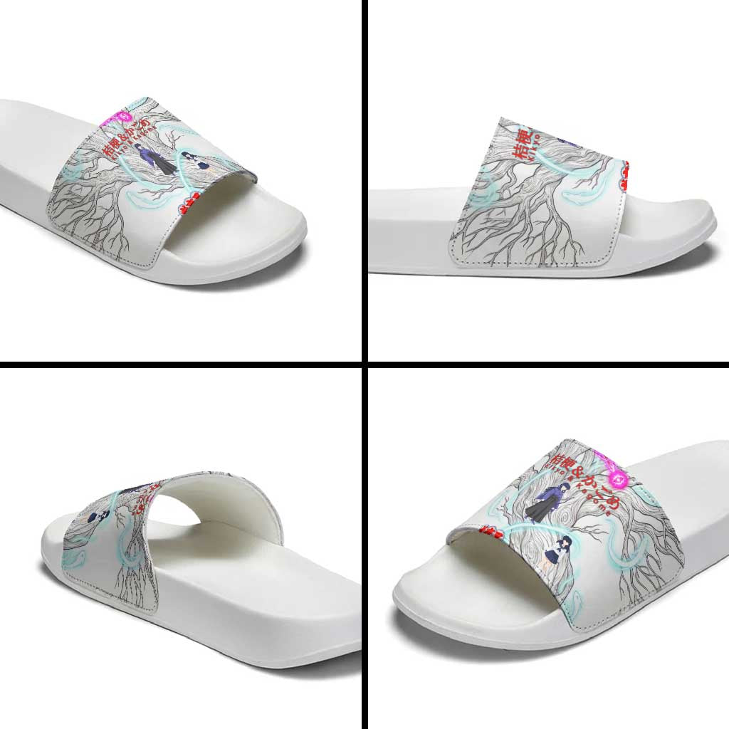 Kikyo and Kagome Inuyasha Series Slide Sandals Spiritual Anime Art Style with Sacred Tree and Torii Gate