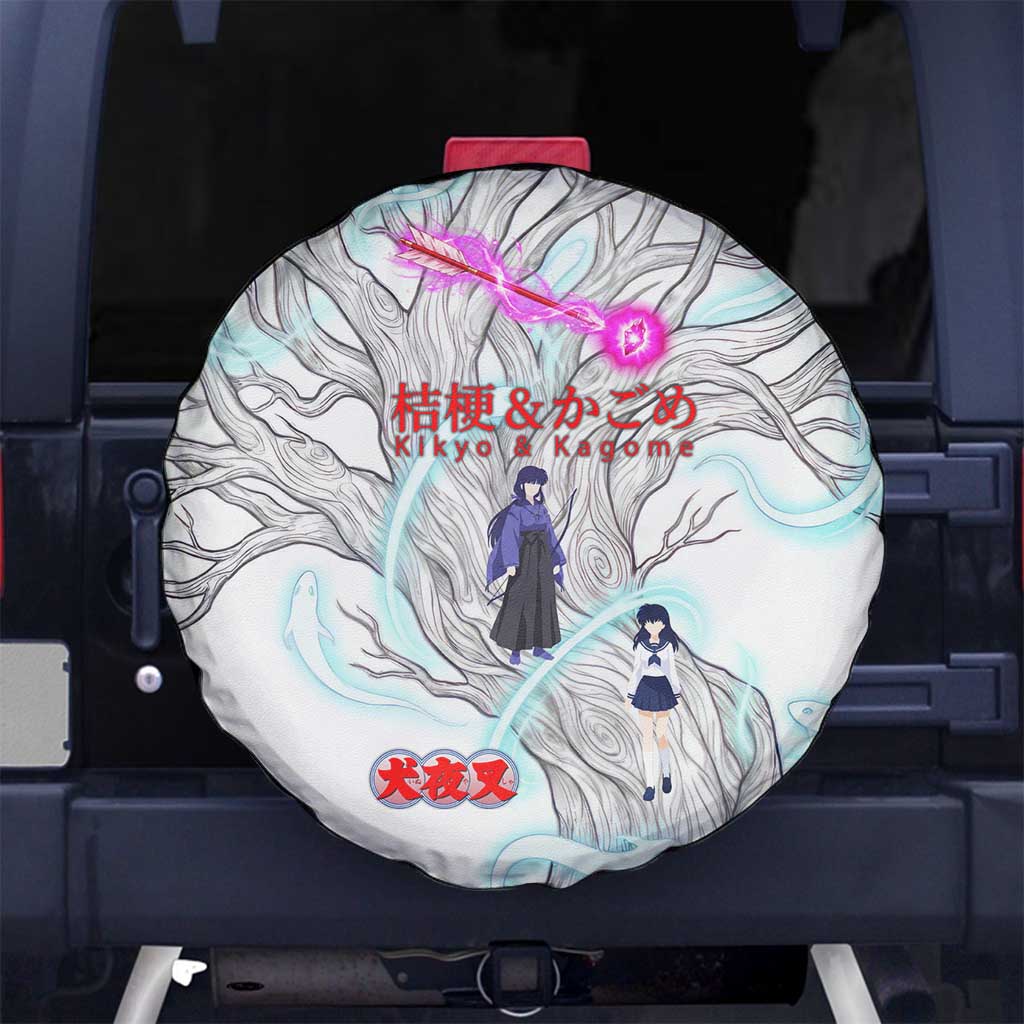 Kikyo and Kagome Inuyasha Series Spare Tire Cover Spiritual Anime Art Style with Sacred Tree and Torii Gate