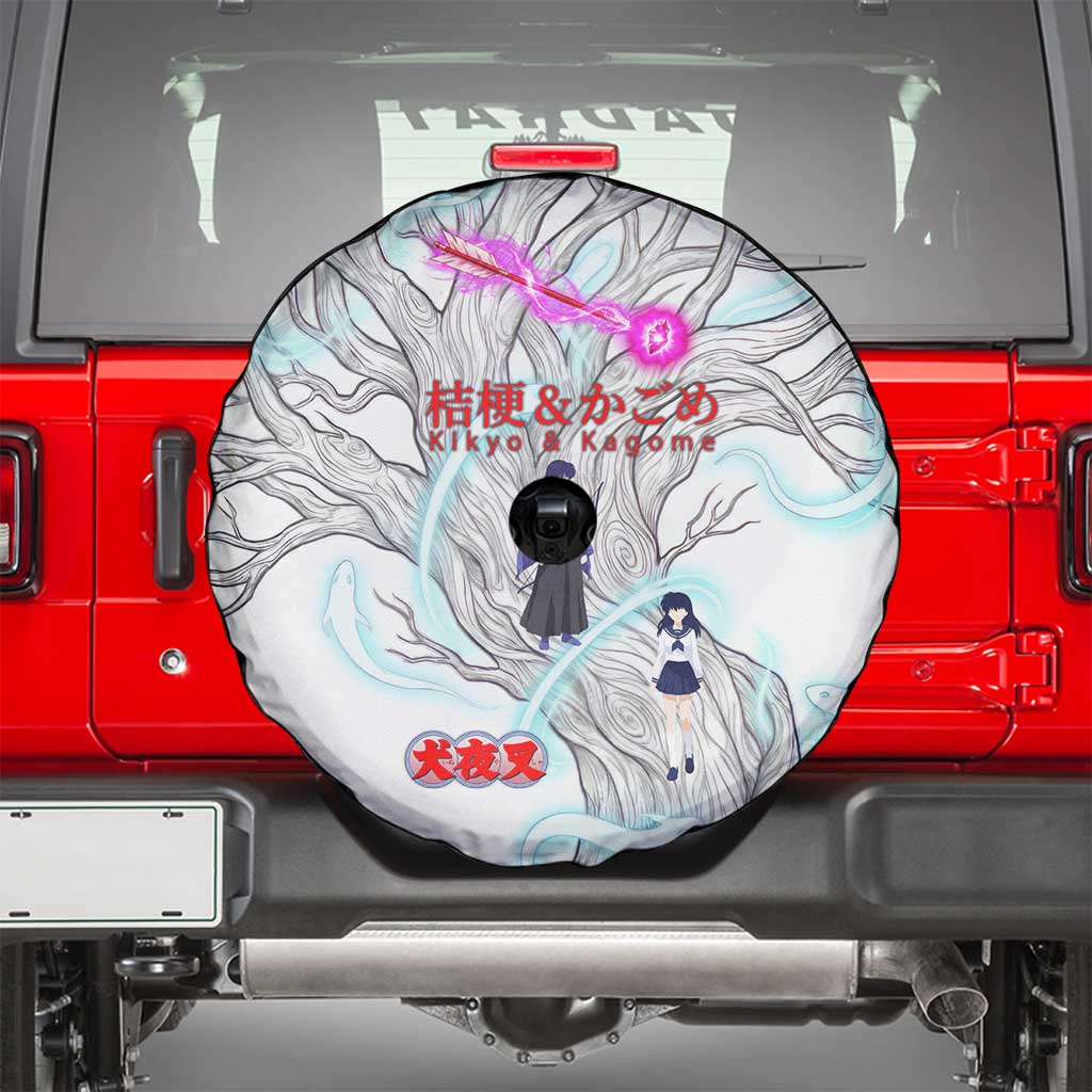 Kikyo and Kagome Inuyasha Series Spare Tire Cover Spiritual Anime Art Style with Sacred Tree and Torii Gate