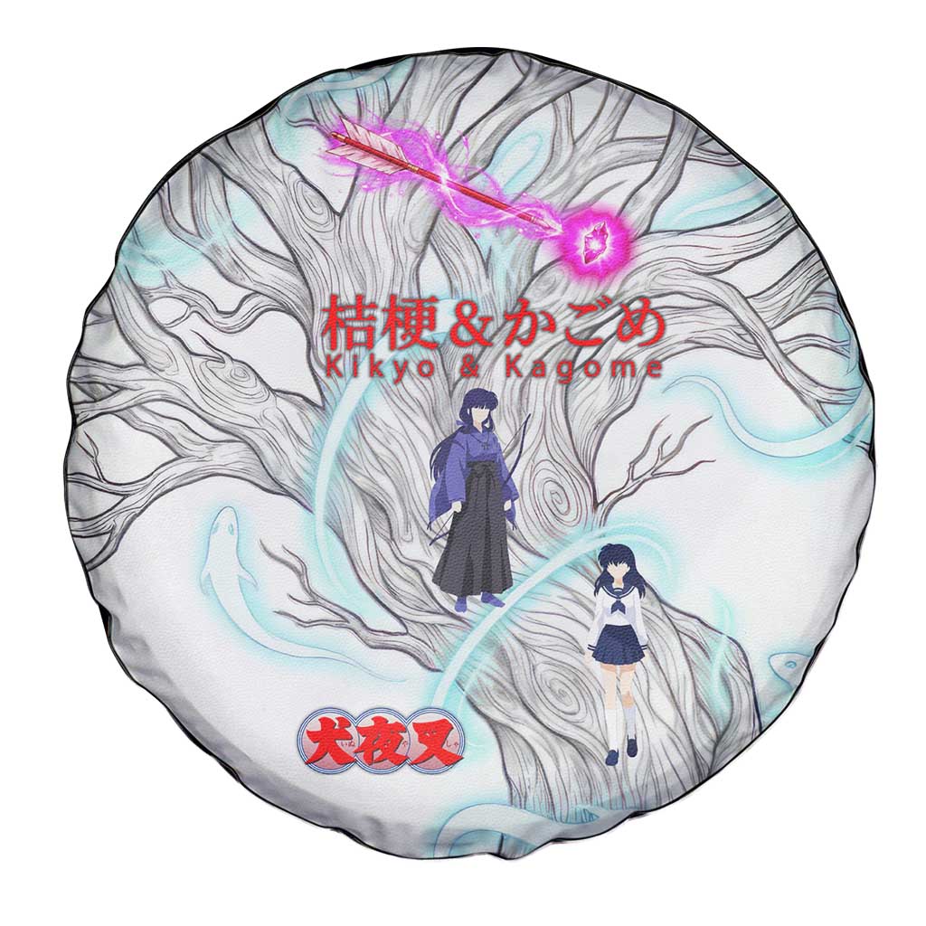 Kikyo and Kagome Inuyasha Series Spare Tire Cover Spiritual Anime Art Style with Sacred Tree and Torii Gate