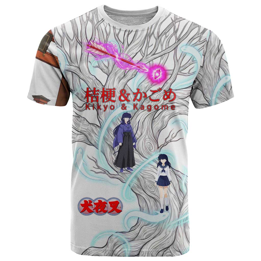 Kikyo and Kagome Inuyasha Series T Shirt Spiritual Anime Art Style with Sacred Tree and Torii Gate