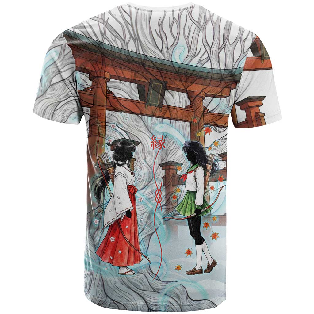 Kikyo and Kagome Inuyasha Series T Shirt Spiritual Anime Art Style with Sacred Tree and Torii Gate